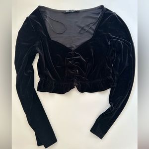 Zara Black Evening Velvet V-Neck Crop Top With Flounce S Size